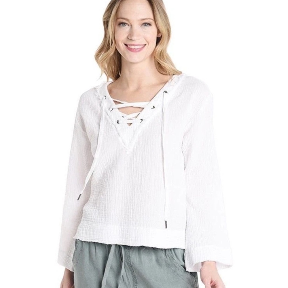 CLOTH & STONE Sz S BELL SLEEVE LACE UP PULLOVER BLOUSE WHITE